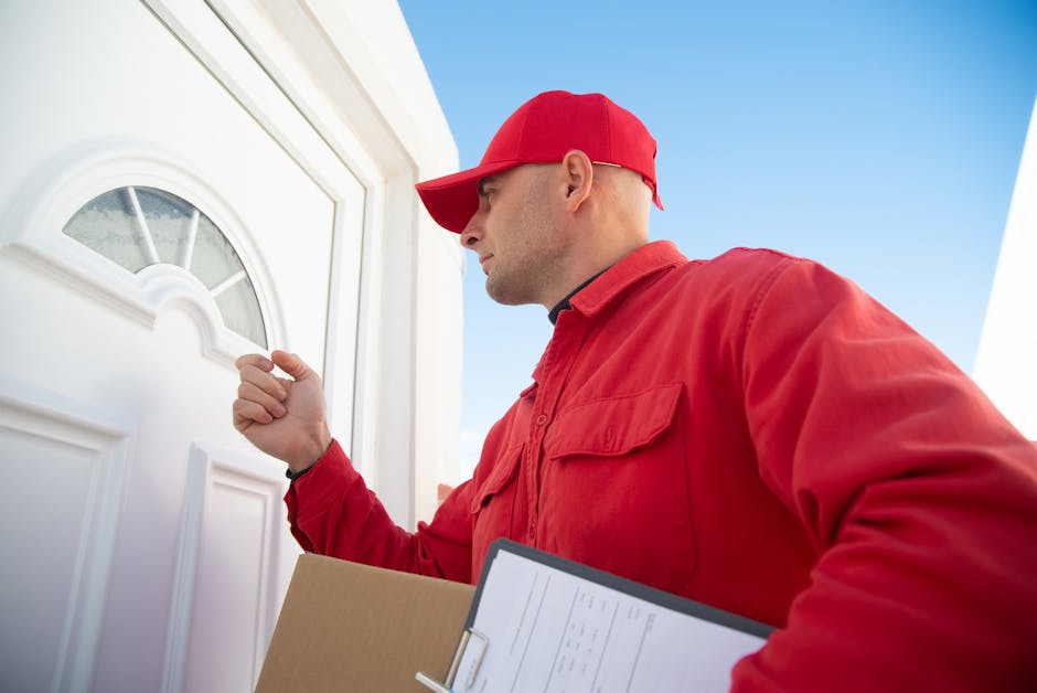 A delivery person dressed in a red cap and matching red jacket is knocking on a white front door, holding a cardboard parcel in one hand and a clipboard with documents in the other. The scene is set o